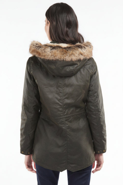 Olive wax parka back view with quilted lining and faux-fur hood trim