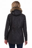 Women's black wax parka jacket, back view with faux-fur hood and button closure
