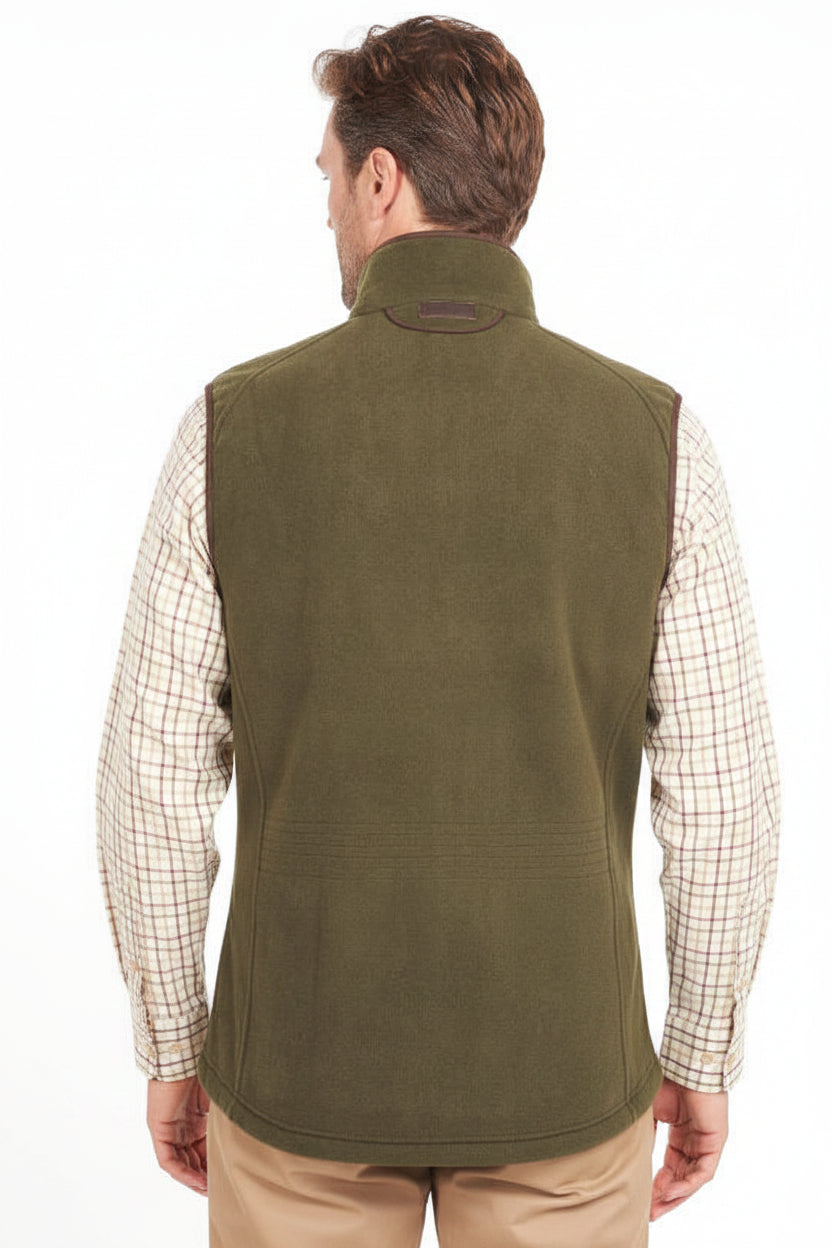 Olive fleece waistcoat with high back collar and zip closure.