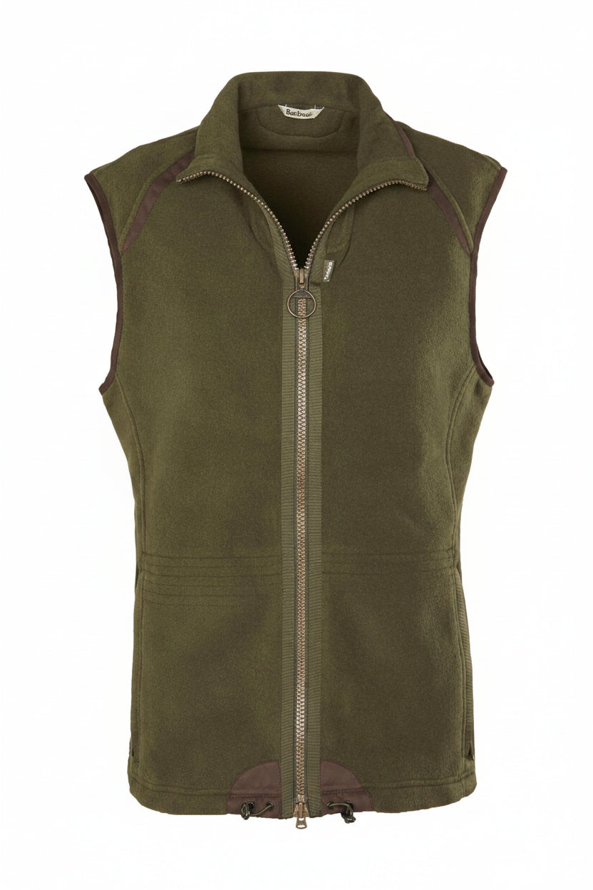 Olive fleece waistcoat with full front zip and sleeveless design.