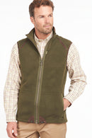 Olive fleece waistcoat with zip front, maroon trim, and stand collar.