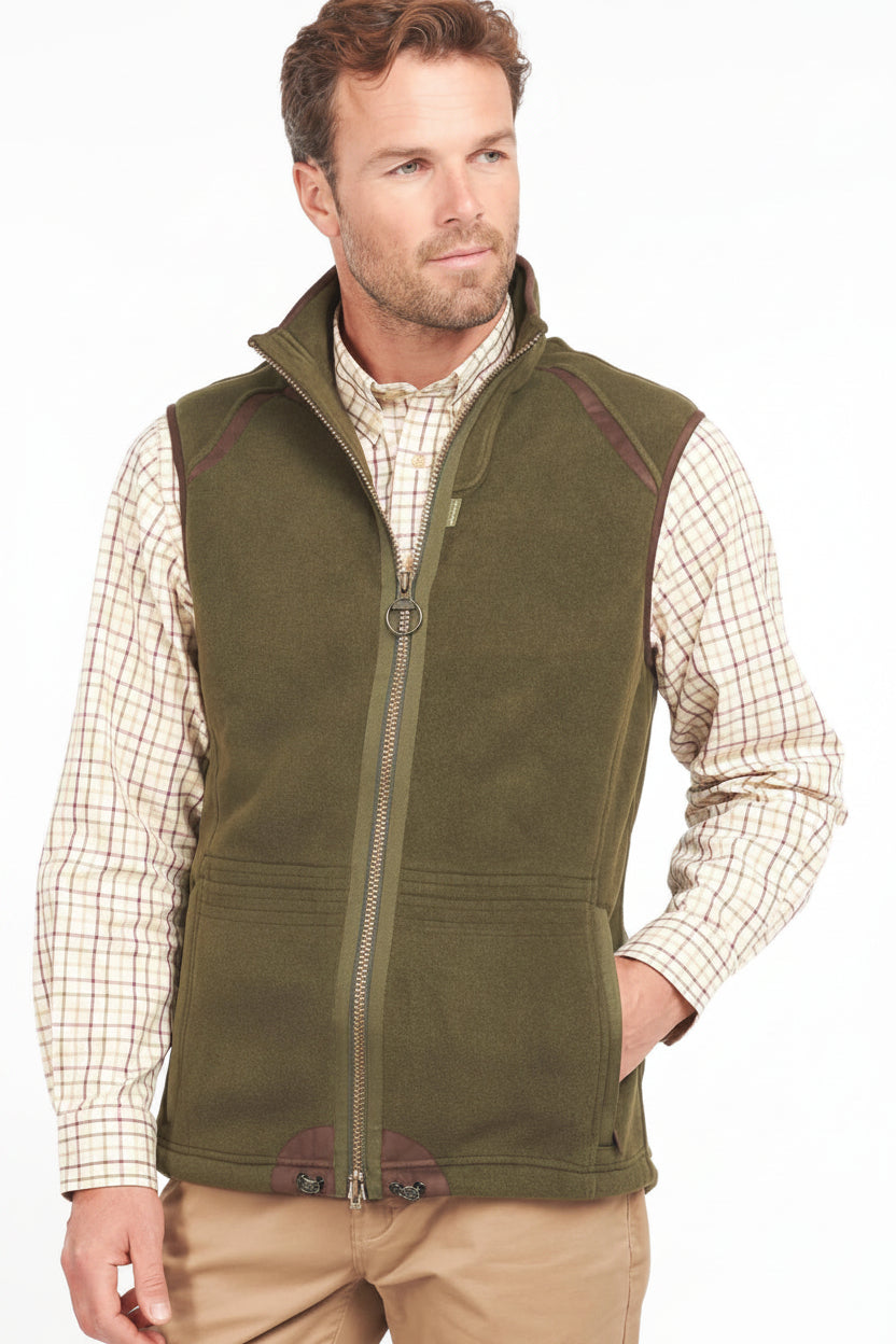 Olive fleece waistcoat with zip front, maroon trim, and stand collar.