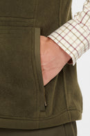 Olive fleece waistcoat with side pocket and reinforced seam detail.