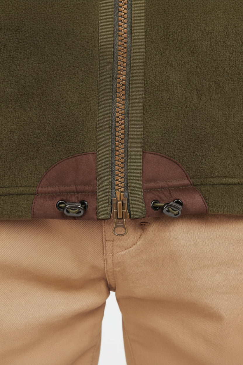 Olive fleece waistcoat front hem with drawcord toggles and zip area.