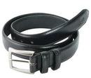 Black leather belt with rectangular silver buckle and stitched holes