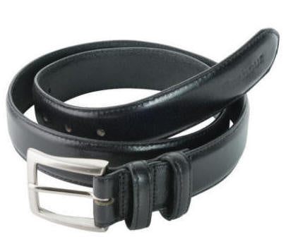 Black leather belt with rectangular silver buckle and stitched holes