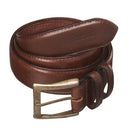 Brown leather belt with brass-tone buckle and keeper loop, stitched edges