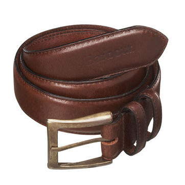 Brown leather belt with brass-tone buckle and keeper loop, stitched edges