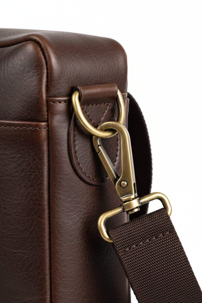 Barbour leather briefcase hardware close-up with brass D-ring and adjustable webbing strap