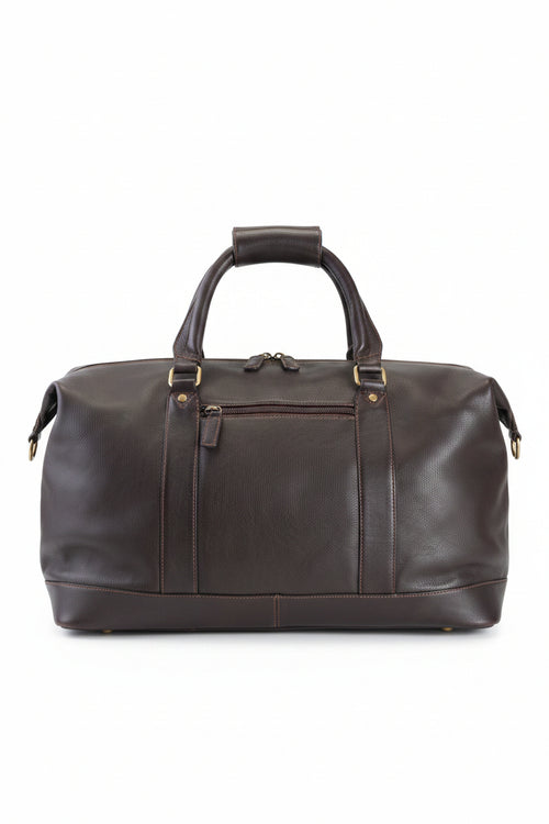 A dark brown leather duffel bag with dual top handles, a front zippered pocket, and brass-tone hardware, shown against a plain white background.