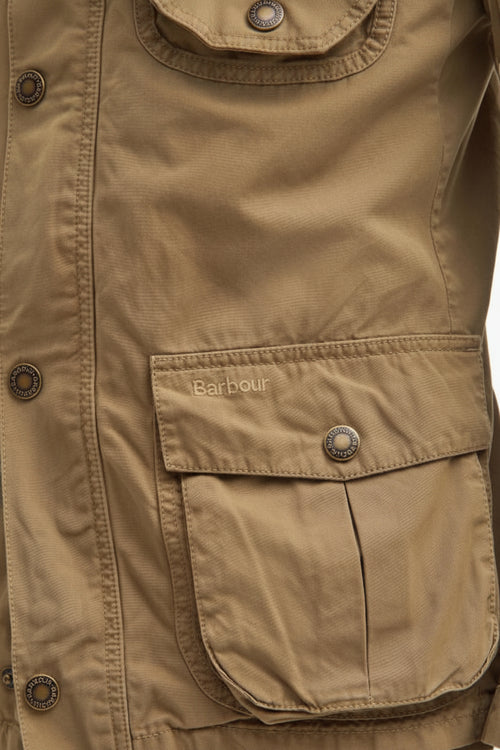 Barbour logo on chest pocket flap, olive-brown summer cotton jacket