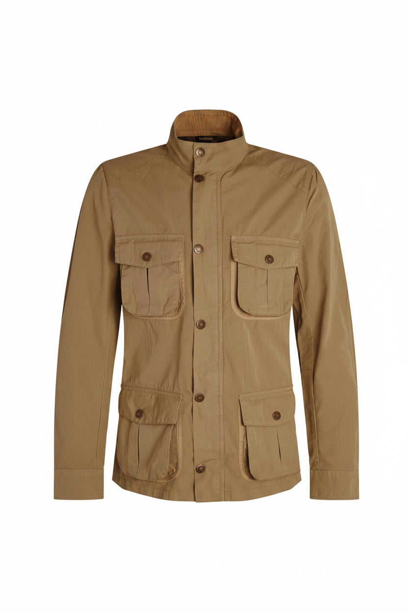 Barbour olive-brown cotton jacket with four flap pockets and button placket