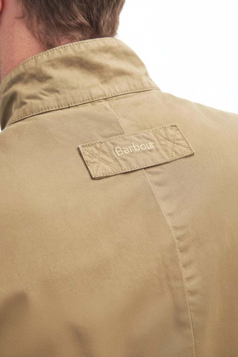 Barbour logo patch on back collar of olive-brown summer cotton jacket