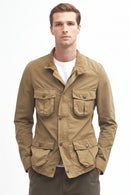 Barbour olive-brown cotton field jacket with multiple utility pockets, front view