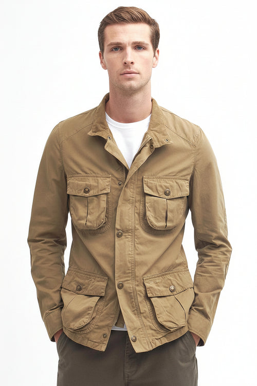 Barbour olive-brown cotton field jacket with multiple utility pockets, front view