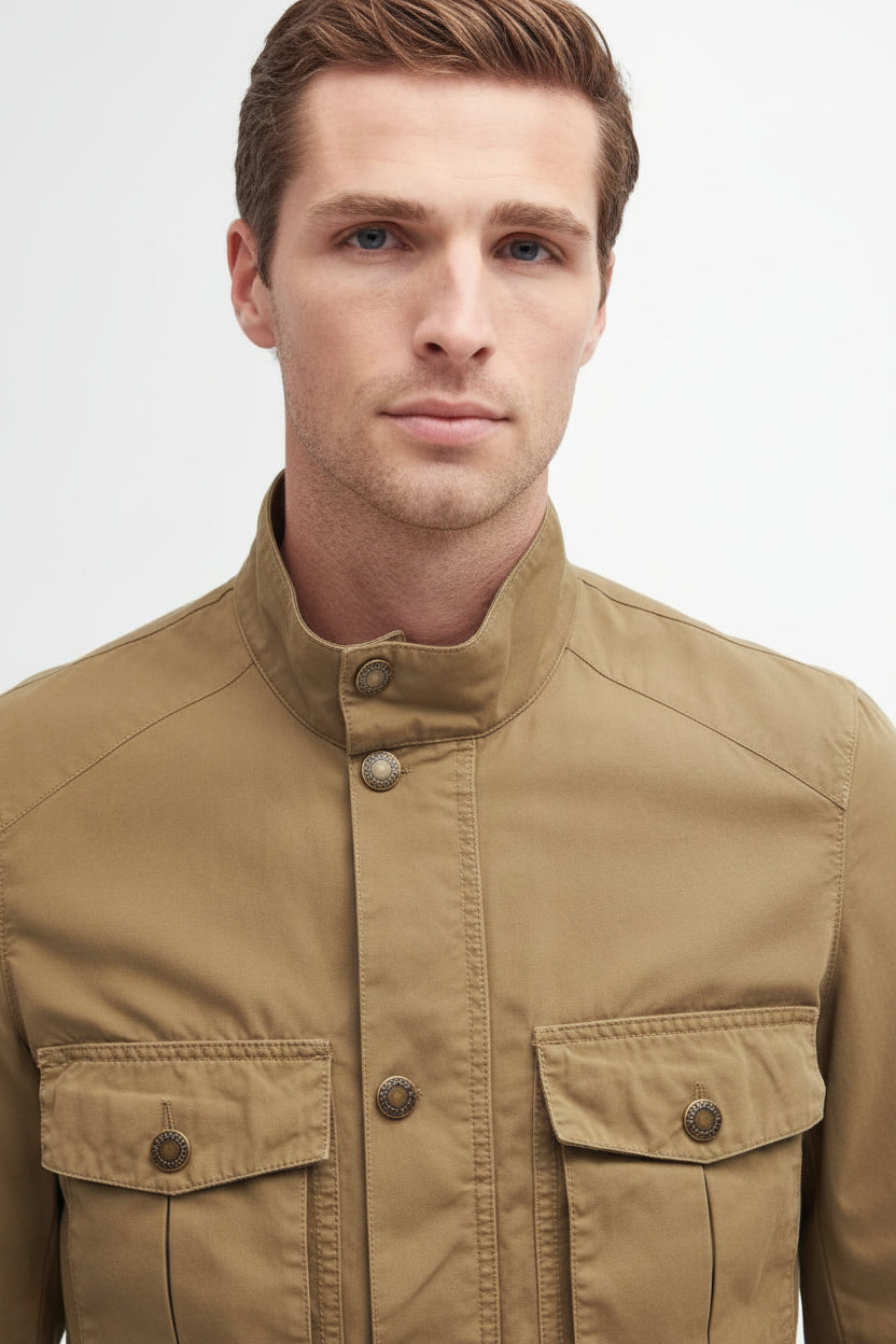 Barbour lightweight cotton jacket with snap-front and two chest pockets, olive-brown