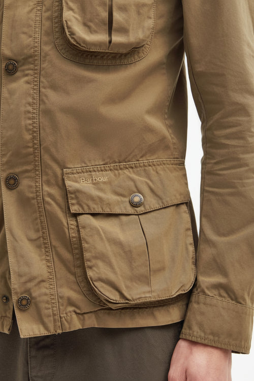 Olive-brown cotton jacket with two flap pockets and snap details