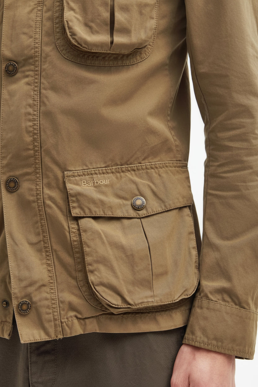 Olive-brown cotton jacket with two flap pockets and snap details