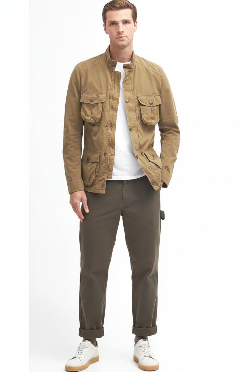 Barbour olive-brown lightweight cotton jacket over white shirt, front view