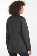 Barbour dark lightweight jacket back view with high collar and buttoned sleeve pocket