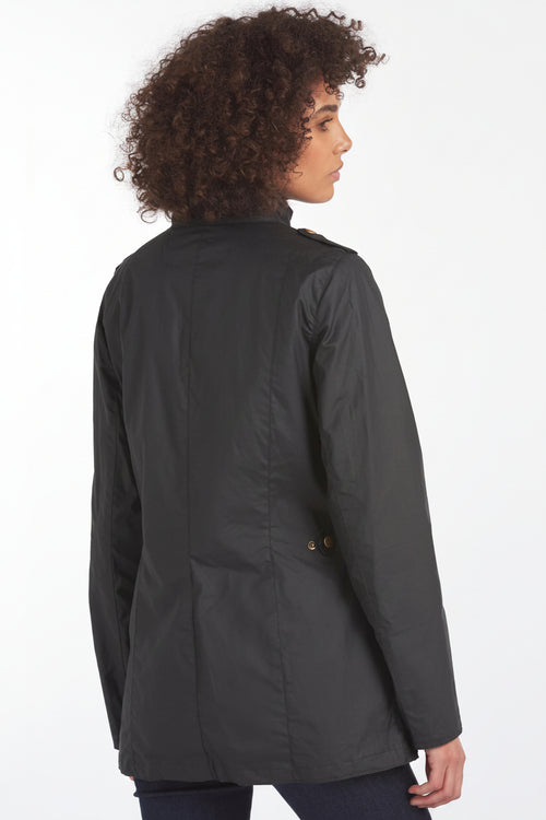 Barbour dark lightweight jacket back view with high collar and buttoned sleeve pocket