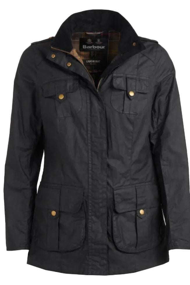 Barbour hooded dark lightweight jacket with zip front and buttoned flap pockets