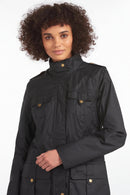 Barbour dark lightweight jacket with high neck, zip front, and buttoned flap chest pockets
