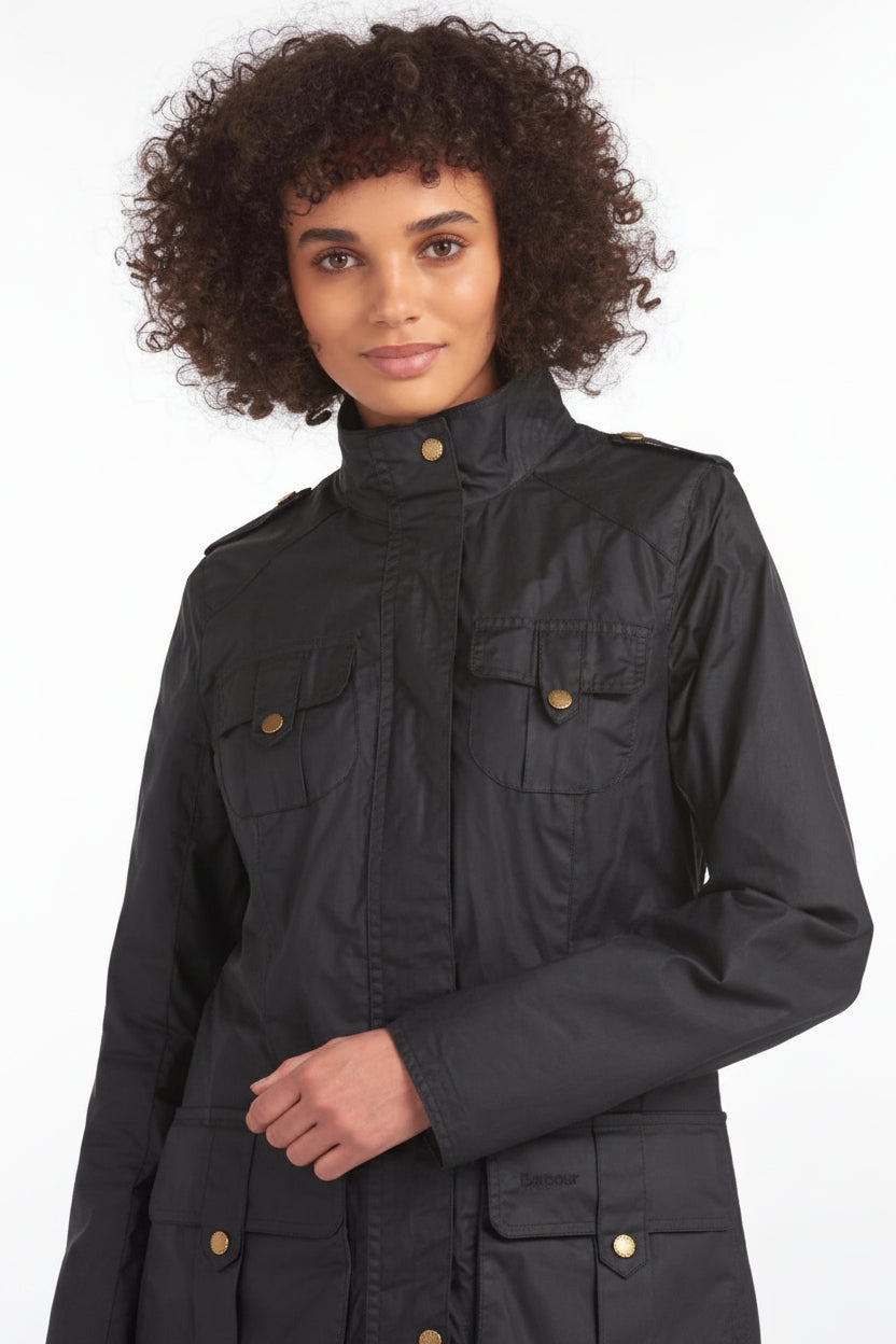 Barbour dark lightweight jacket with high neck, zip front, and buttoned flap chest pockets