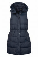 Navy quilted hooded gilet with button front and curved hemline
