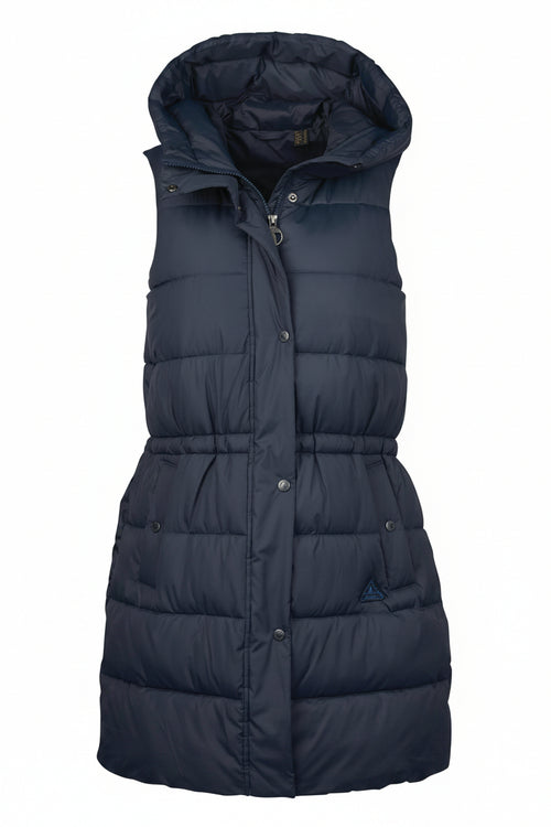 Navy quilted hooded gilet with button front and curved hemline
