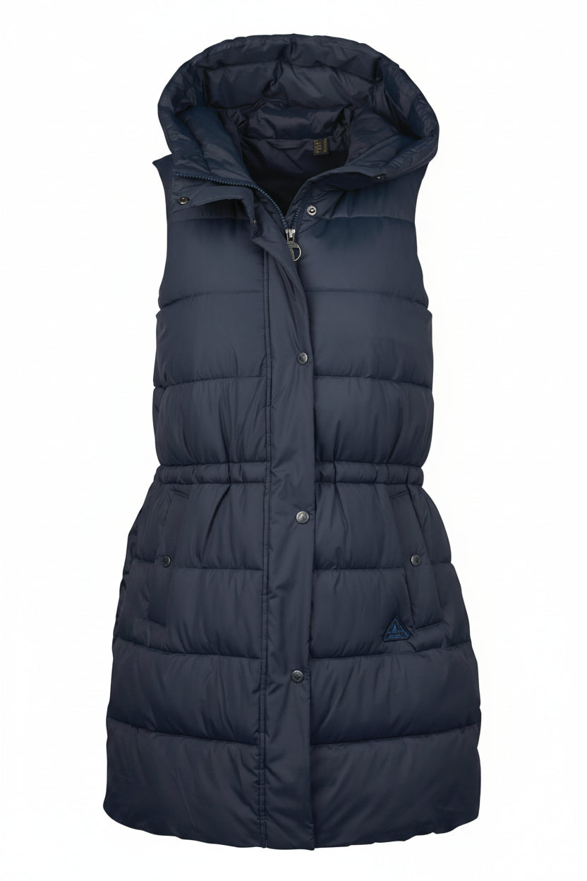 Navy quilted hooded gilet with button front and curved hemline