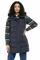 Navy quilted hooded gilet with button front and front pocket seams