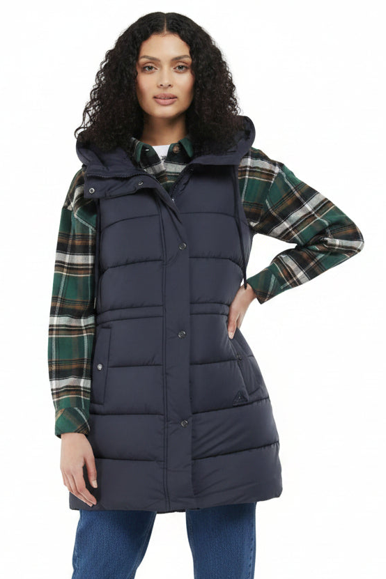 Navy quilted hooded gilet with button front and front pocket seams