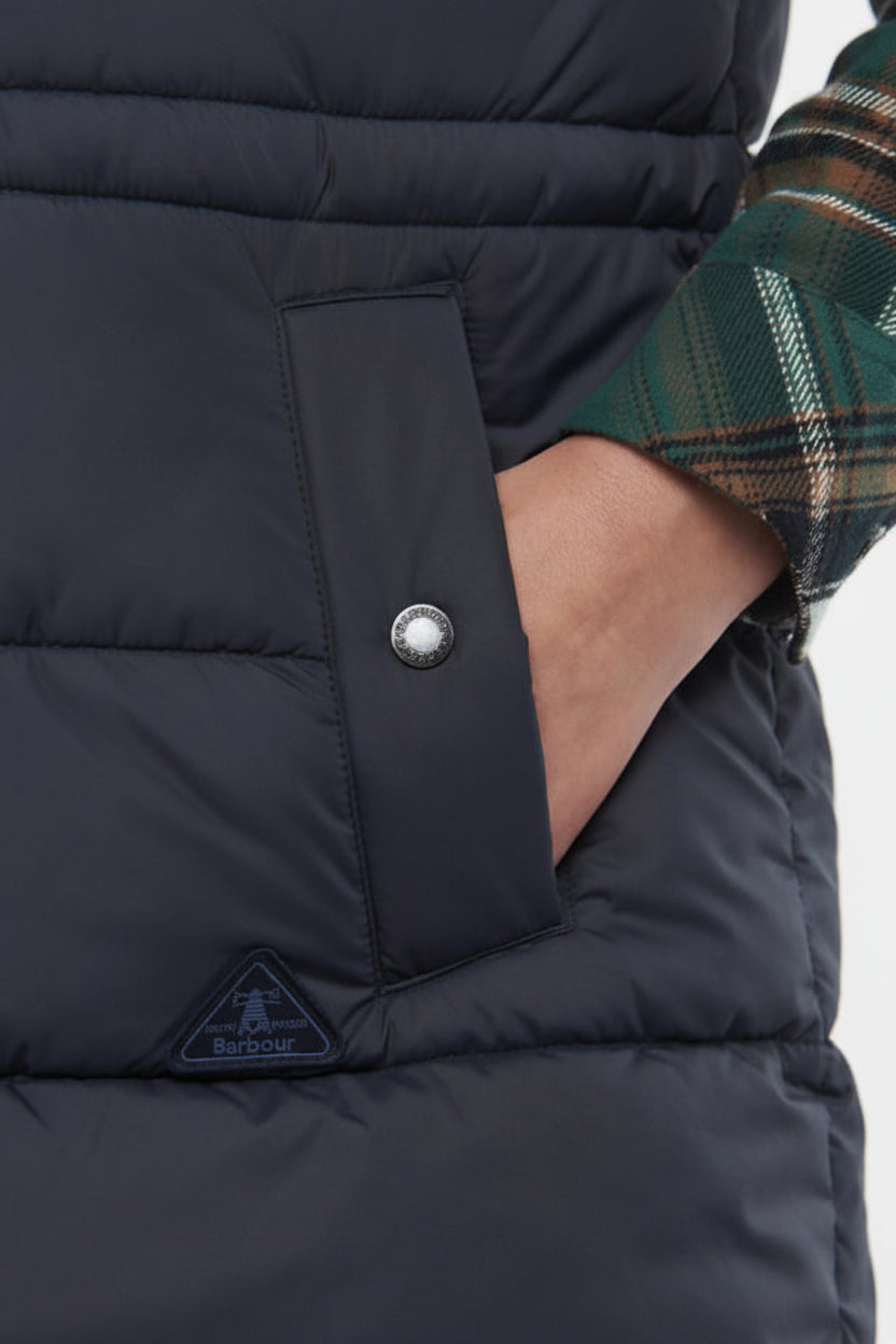 Navy quilted gilet with button front, stand collar, and side pockets