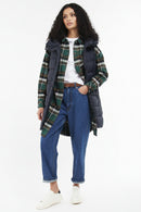 Navy quilted hooded gilet over plaid shirt, with jeans and front pockets