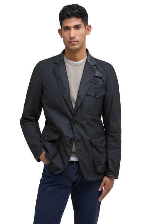 Men's black wax sport jacket with button front and flap cargo pockets