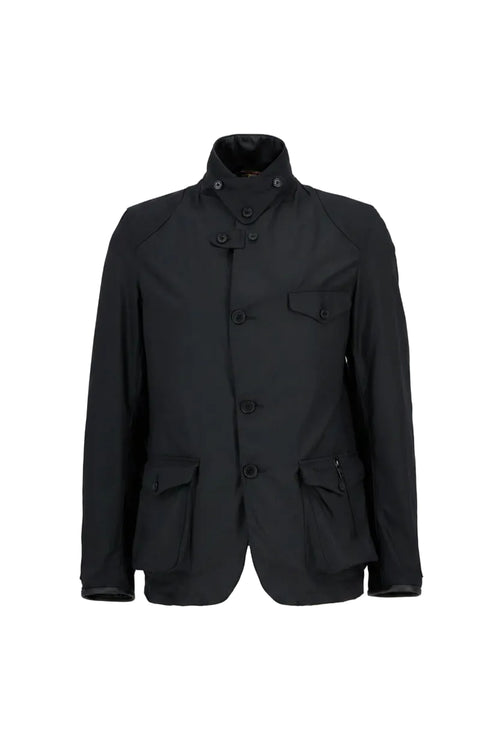 Men's black wax jacket with high collar, button placket, and chest flap pocket