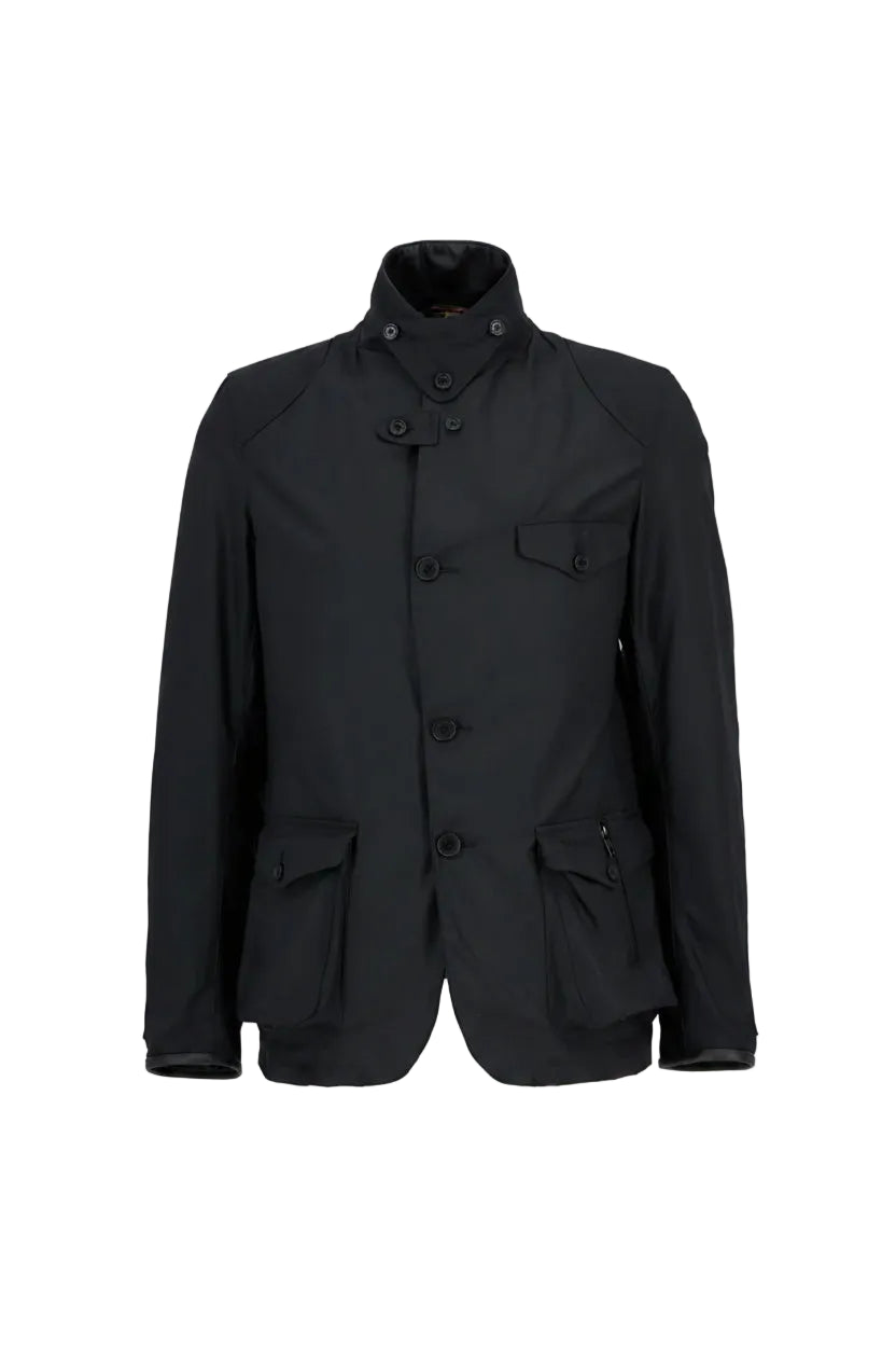 Men's black wax jacket with high collar, button placket, and chest flap pocket