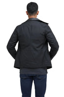 Men's black wax jacket from back, stand collar and vented rear yoke