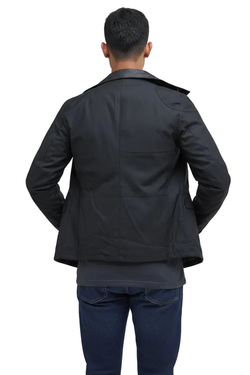 Men's black wax jacket from back, stand collar and vented rear yoke