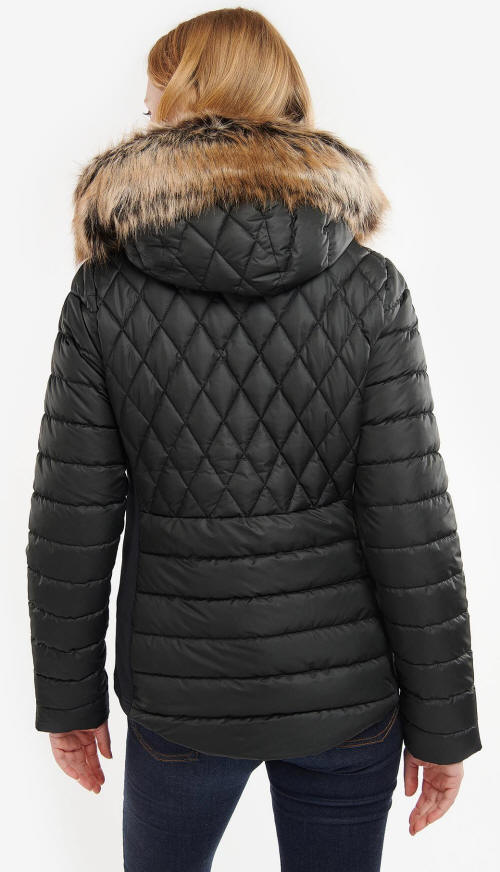 Black quilted jacket back view with faux fur-trimmed hood