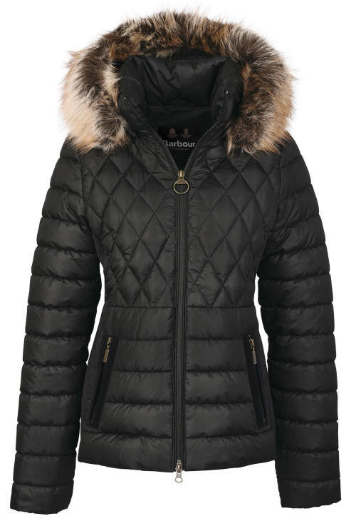 Barbour black quilted jacket with faux fur-trim hood and zip