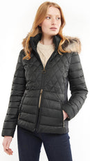 Black quilted jacket with faux fur hood trim and zip pockets
