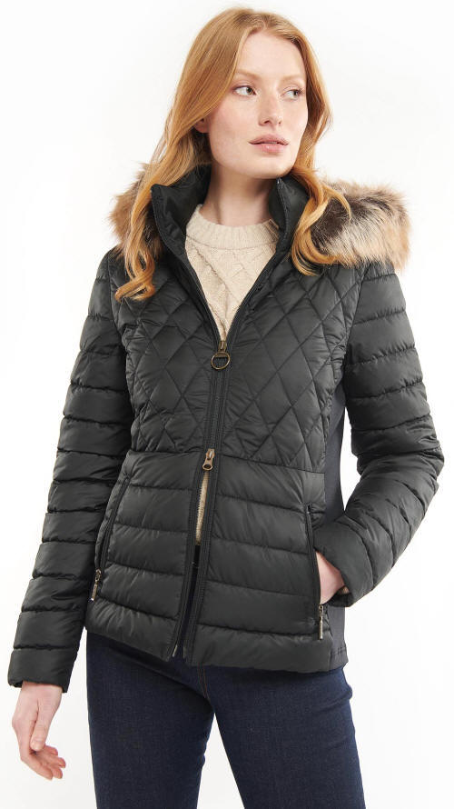 Black quilted jacket with faux fur hood trim and zip pockets