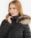 Black quilted jacket with faux fur-trim hood and front zip