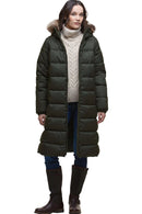 Olive quilted puffer jacket with faux-fur trimmed hood and long, padded silhouette