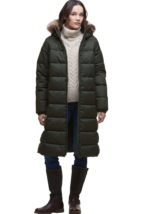 Olive quilted puffer jacket with faux-fur trimmed hood and long, padded silhouette