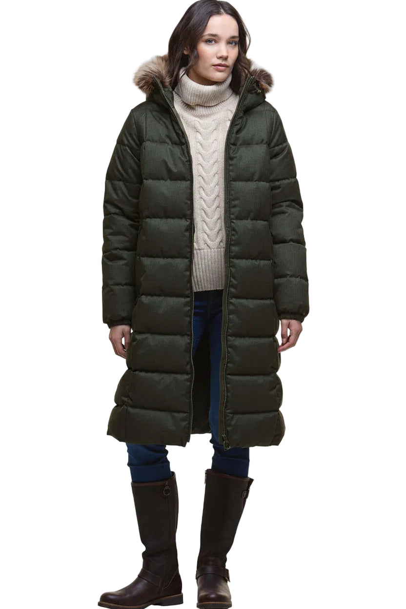 Olive quilted puffer jacket with faux-fur trimmed hood and long, padded silhouette