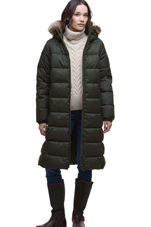 Olive long quilted puffer jacket with faux-fur hood trim and buttoned outer layer