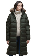 Olive quilted puffer jacket in three-quarter view with faux-fur trimmed hood